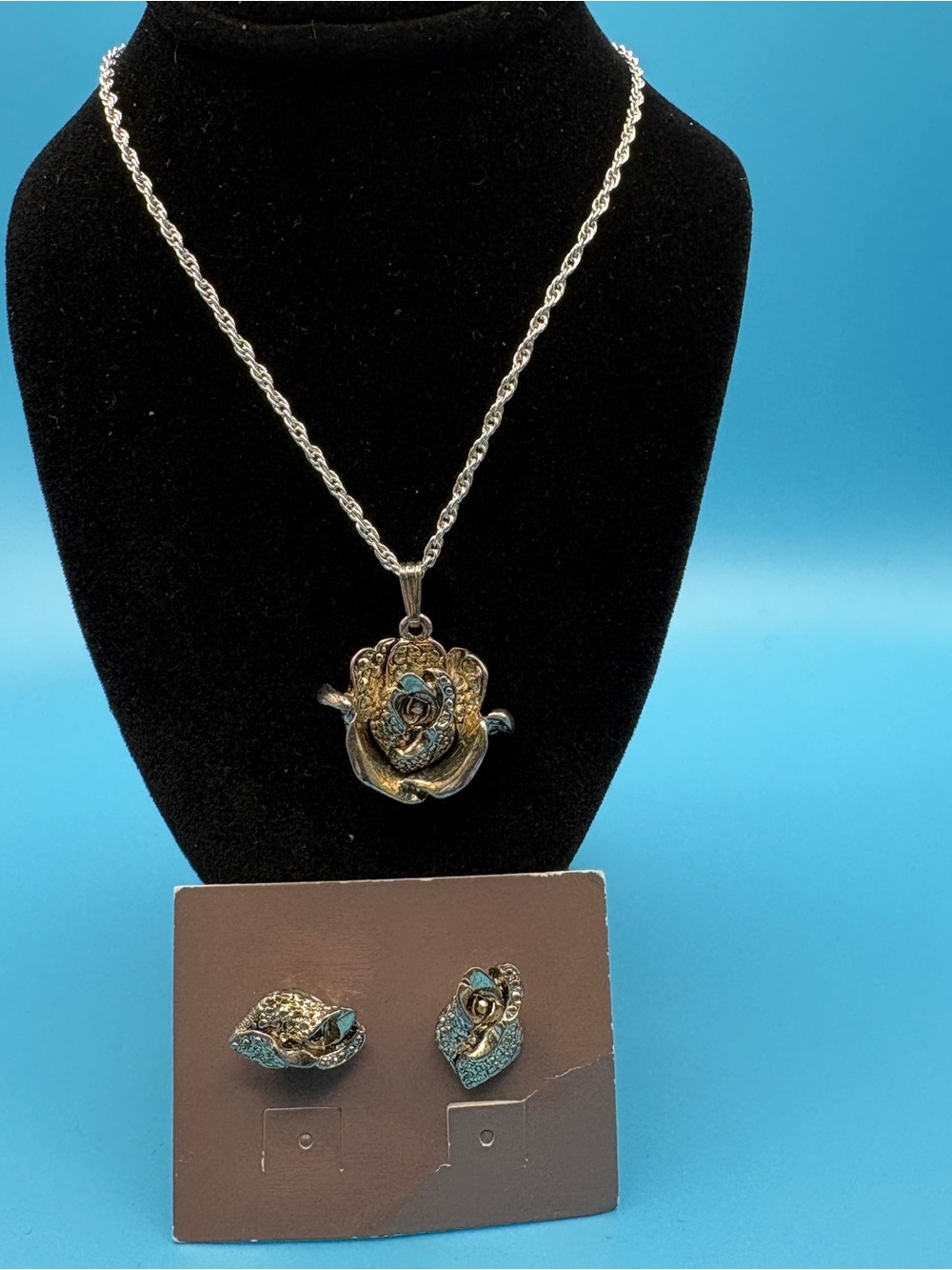 Silver-Tone Avon  Rose Pendant Necklace and Matching Earrings - Blue Accent